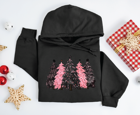 Festive Simplicity: Black & Pink Christmas Trees Hoodie
