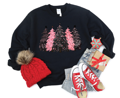 Festive Simplicity: Black & Pink Christmas Trees Crewneck