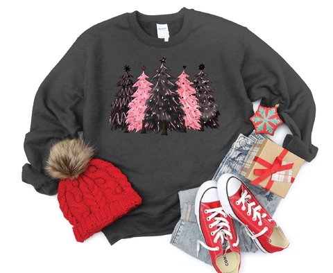 Festive Simplicity: Black & Pink Christmas Trees Crewneck