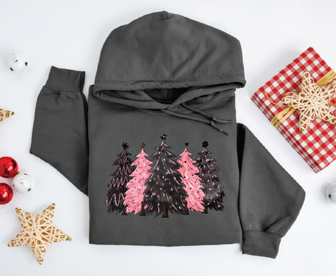 Festive Simplicity: Black & Pink Christmas Trees Hoodie