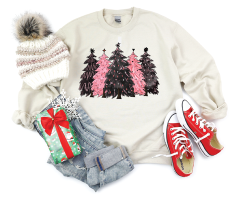 Festive Simplicity: Black & Pink Christmas Trees Crewneck