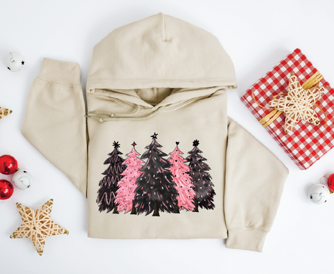 Festive Simplicity: Black & Pink Christmas Trees Hoodie