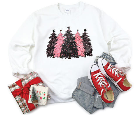 Festive Simplicity: Black & Pink Christmas Trees Crewneck