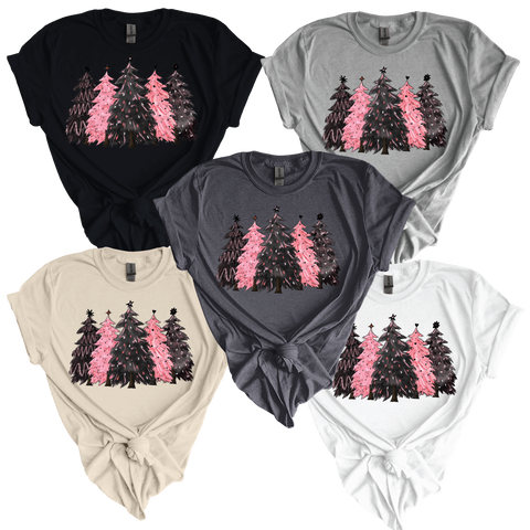 Festive Simplicity: Black & Pink Christmas Trees Softstyle Shirt