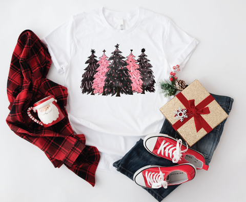 Festive Simplicity: Black & Pink Christmas Trees Softstyle Shirt