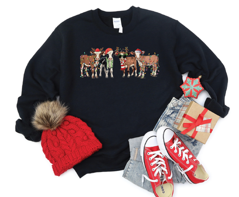 Country Christmas Cattle: Festive Cows Crewneck