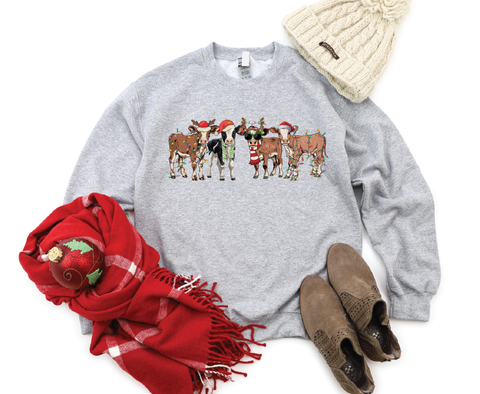 Country Christmas Cattle: Festive Cows Crewneck