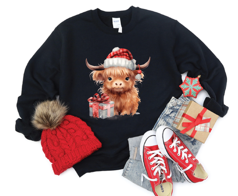 Festive Highland Charm: Cute Brown Cow Christmas Crewneck