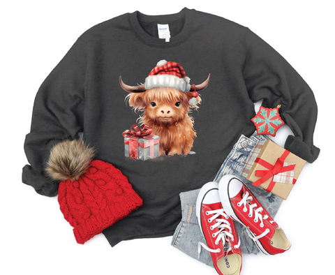 Festive Highland Charm: Cute Brown Cow Christmas Crewneck