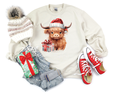 Festive Highland Charm: Cute Brown Cow Christmas Crewneck