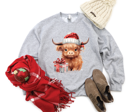 Festive Highland Charm: Cute Brown Cow Christmas Crewneck