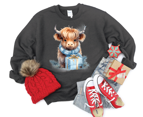 Highland Holiday Cheer: Cute Christmas Cow Crewneck