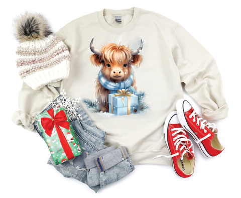Highland Holiday Cheer: Cute Christmas Cow Crewneck