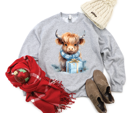 Highland Holiday Cheer: Cute Christmas Cow Crewneck