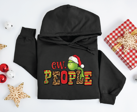 "Ew People" Grinch hoodie featuring a humorous design inspired by the iconic character, perfect for adding a cheeky touch to your holiday wardrobe.