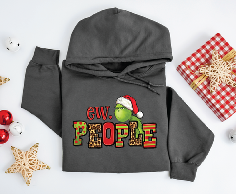 "Ew People" Grinch hoodie featuring a humorous design inspired by the iconic character, perfect for adding a cheeky touch to your holiday wardrobe.