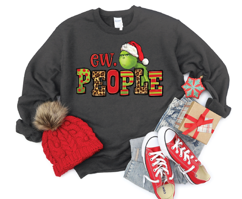 "Ew People" Grinch sweatshirt featuring a humorous design inspired by the classic character, perfect for adding some cheeky fun to your holiday attire.