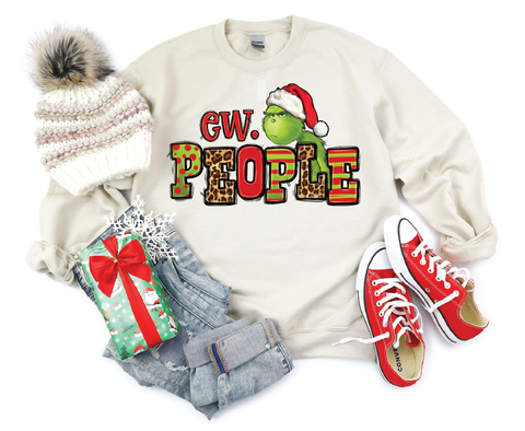 "Ew People" Grinch sweatshirt featuring a humorous design inspired by the classic character, perfect for adding some cheeky fun to your holiday attire.