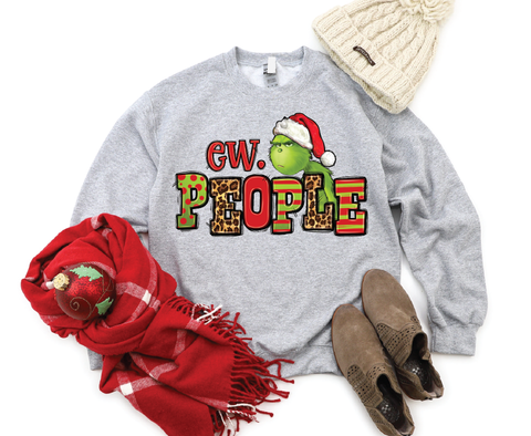 "Ew People" Grinch sweatshirt featuring a humorous design inspired by the classic character, perfect for adding some cheeky fun to your holiday attire.