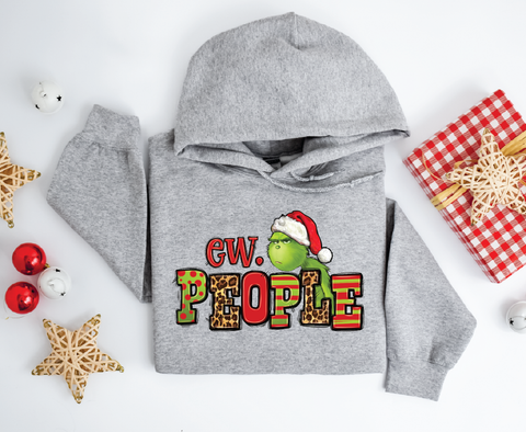 "Ew People" Grinch hoodie featuring a humorous design inspired by the iconic character, perfect for adding a cheeky touch to your holiday wardrobe.