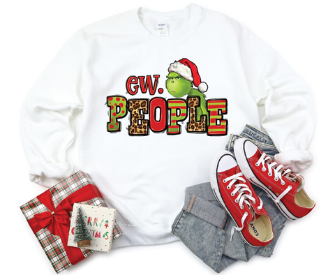 "Ew People" Grinch sweatshirt featuring a humorous design inspired by the classic character, perfect for adding some cheeky fun to your holiday attire.