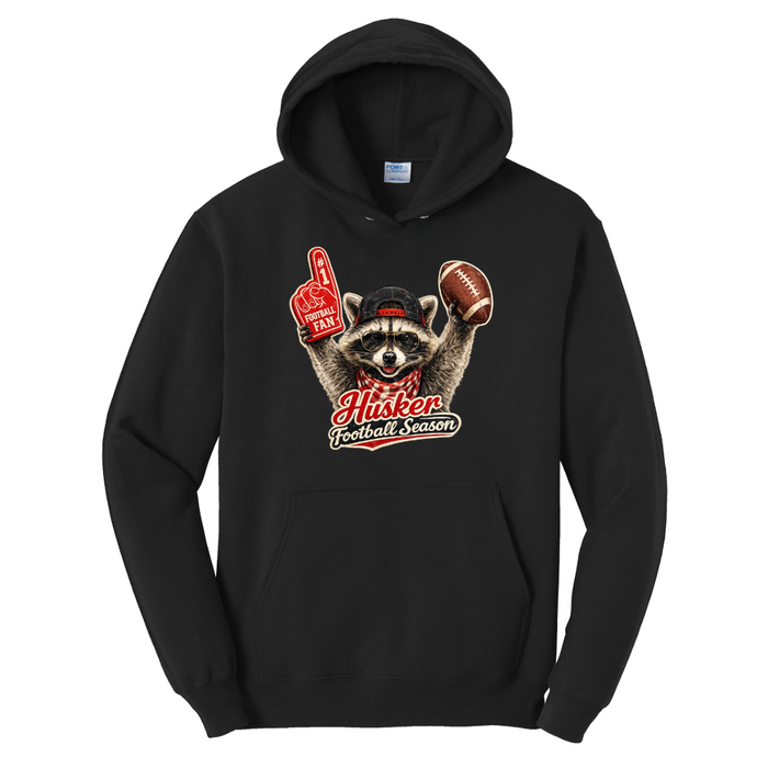 Nebraska Football Season Raccoon Hoodie | Cozy Game Day Pullover | Football Fan Sweatshirt