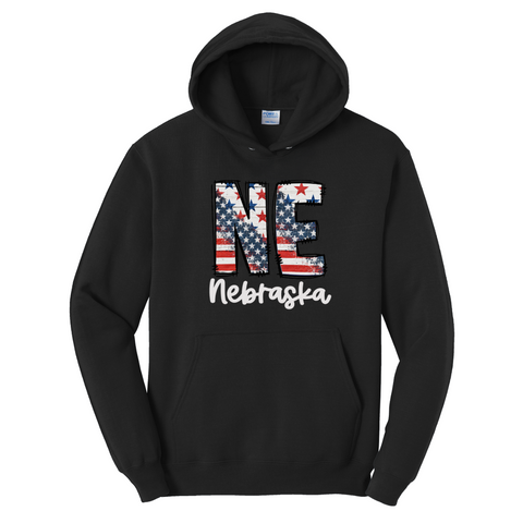 NE Nebraska Patriotic Hoodie | All-American Flag Graphic Sweatshirt | Vintage USA Unisex Pullover