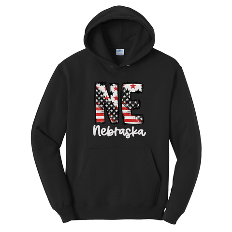 NE Nebraska Patriotic Hoodie | Vintage American Flag Graphic Hooded Sweatshirt | Unisex Midwest Pullover