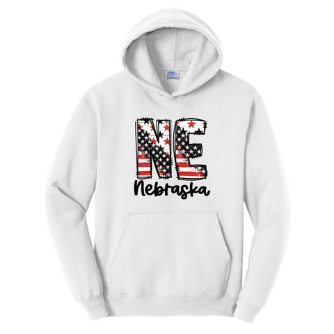 NE Nebraska Patriotic Hoodie | Vintage American Flag Graphic Hooded Sweatshirt | Unisex Midwest Pullover