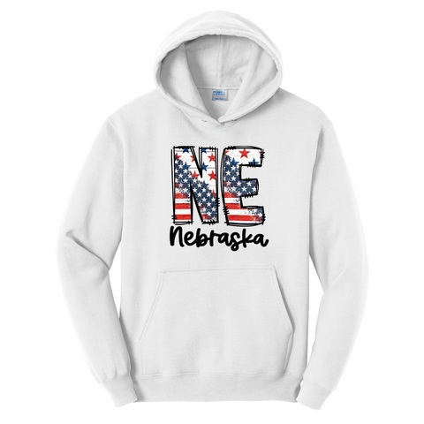 NE Nebraska Patriotic Hoodie | All-American Flag Graphic Sweatshirt | Vintage USA Unisex Pullover