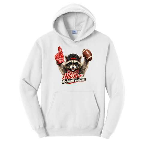 Nebraska Football Season Raccoon Hoodie | Cozy Game Day Pullover | Football Fan Sweatshirt