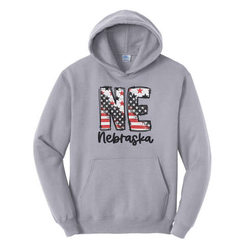 NE Nebraska Patriotic Hoodie | Vintage American Flag Graphic Hooded Sweatshirt | Unisex Midwest Pullover