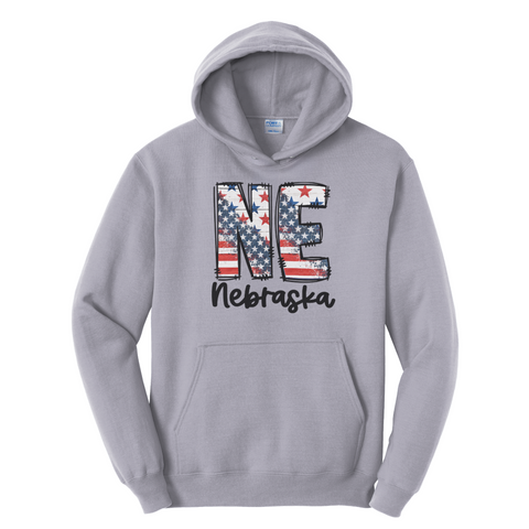 NE Nebraska Patriotic Hoodie | All-American Flag Graphic Sweatshirt | Vintage USA Unisex Pullover