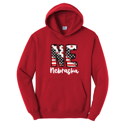 NE Nebraska Patriotic Hoodie | Vintage American Flag Graphic Hooded Sweatshirt | Unisex Midwest Pullover