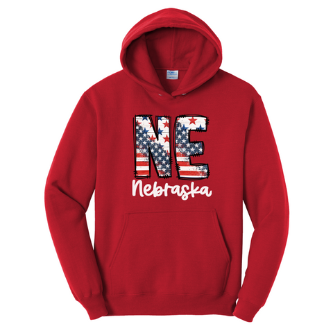 NE Nebraska Patriotic Hoodie | All-American Flag Graphic Sweatshirt | Vintage USA Unisex Pullover
