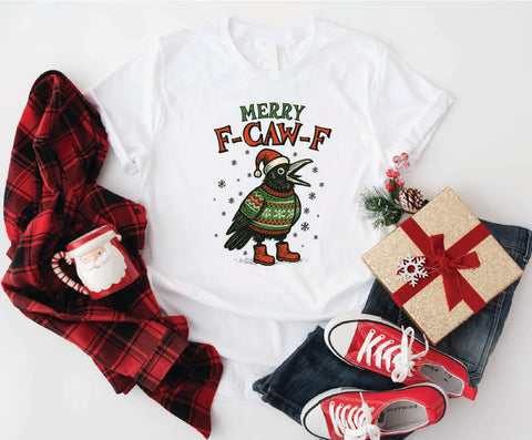Merry F-Caw-F Funny Crow Christmas T-Shirt