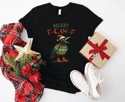 Merry F-Caw-F Funny Crow Christmas T-Shirt