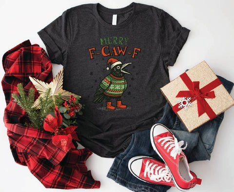 Merry F-Caw-F Funny Crow Christmas T-Shirt
