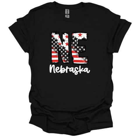 NE Nebraska Black & White American Flag T-Shirt | Vintage Patriotic Graphic Tee | Unisex State Pride Shirt