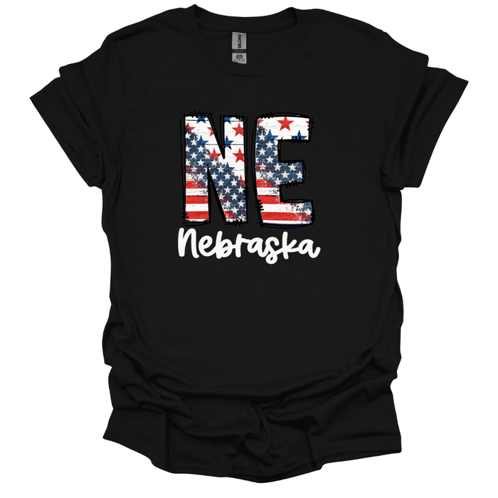 NE Nebraska Patriotic Graphic T-Shirt | Vintage American Flag State Tee | Soft Unisex Midwest Pride Shirt