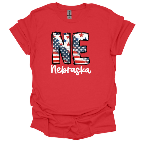 NE Nebraska Patriotic Graphic T-Shirt | Vintage American Flag State Tee | Soft Unisex Midwest Pride Shirt