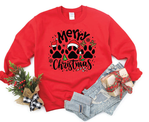 Merry Christmas crewneck featuring festive paw prints, designed for pet lovers who want to celebrate the holiday season in cozy style.

