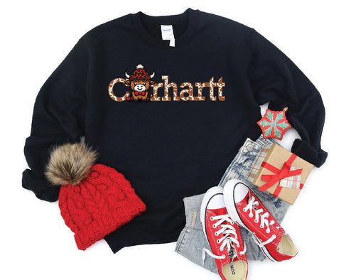 Carhartt Highland Cow Christmas Crewneck Sweatshirt - Brown Cow Text