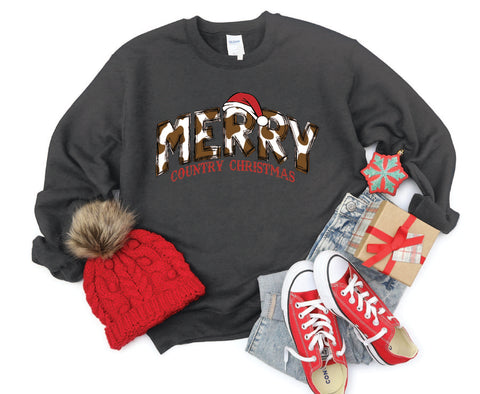 Merry Country Christmas crewneck with brown cow spots in the "Merry" text, perfect for adding a rustic, country-inspired touch to holiday attire.