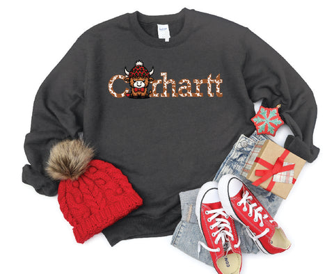 Carhartt Highland Cow Christmas Crewneck Sweatshirt - Brown Cow Text