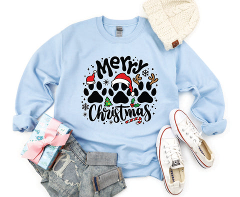 Merry Christmas" crewneck featuring festive paw prints, designed for pet lovers who want to celebrate the holiday season in cozy style.

