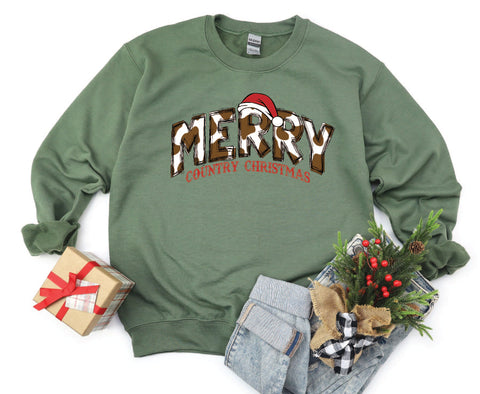 Merry Country Christmas crewneck with brown cow spots in the "Merry" text, perfect for adding a rustic, country-inspired touch to holiday attire.