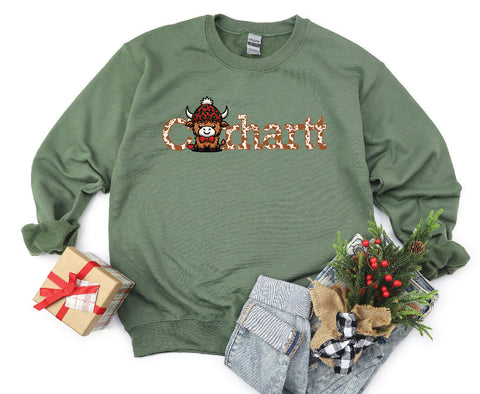 Carhartt Highland Cow Christmas Crewneck Sweatshirt - Brown Cow Text
