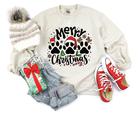 Merry Christmas" crewneck featuring festive paw prints, designed for pet lovers who want to celebrate the holiday season in cozy style.

