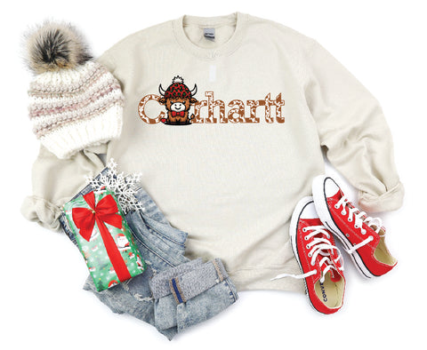 Carhartt Highland Cow Christmas Crewneck Sweatshirt - Brown Cow Text